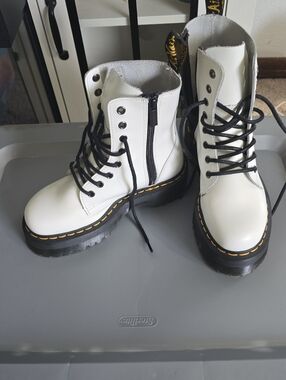 Dr. Martens White Lace-Up Jadon Platfom Boots with Black Sole.